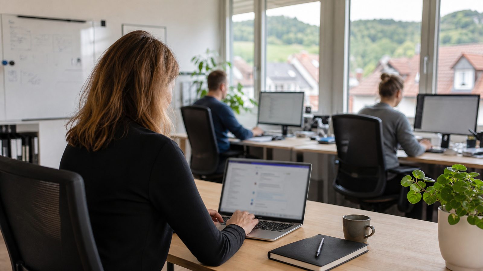 Eine Mitarbeiterin arbeitet in einem hellen KMU-Büro am Laptop mit einem Chatfenster, im Hintergrund zwei Kollegen an ihren Bildschirmen