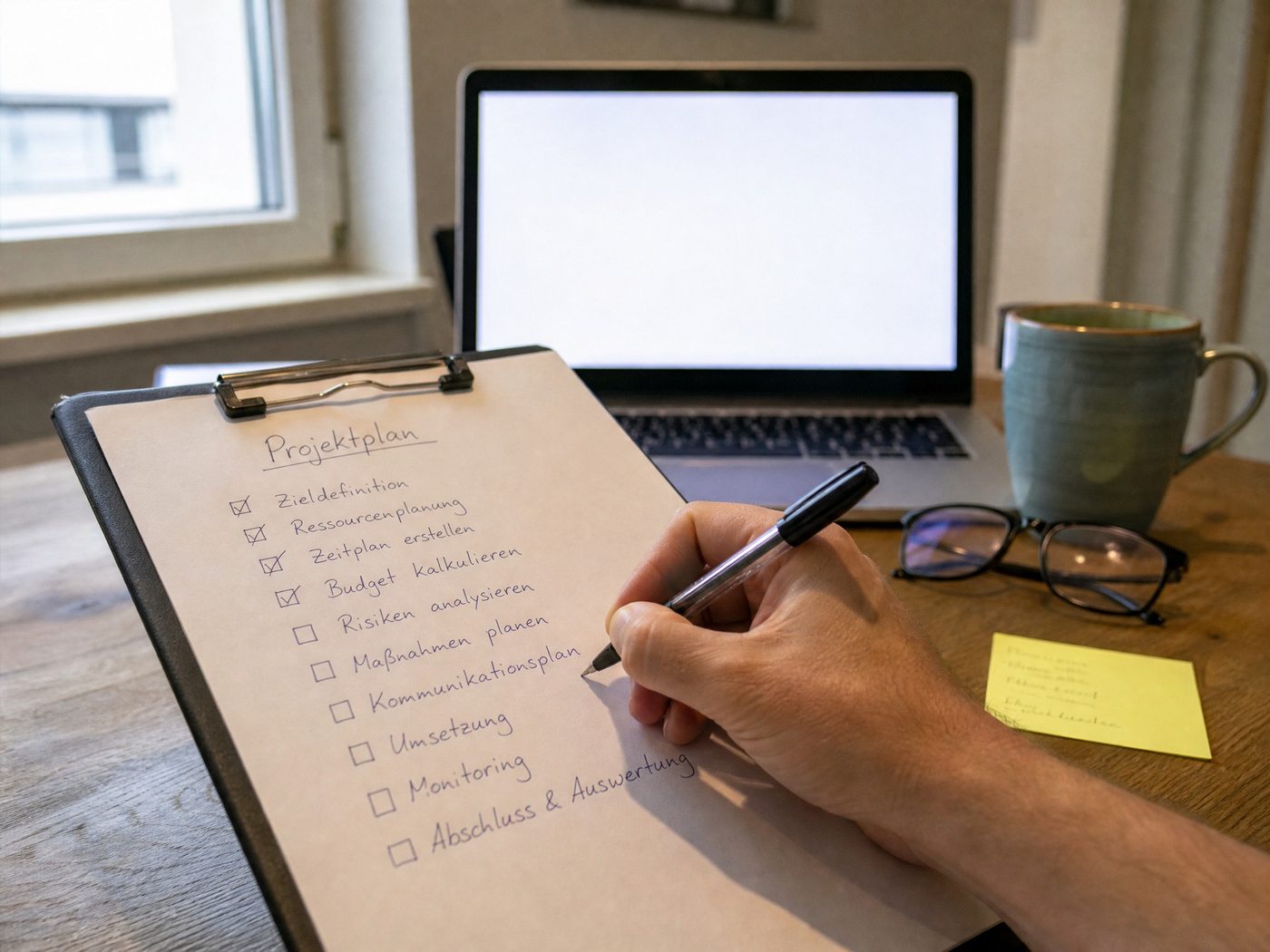 Hand schreibt eine Checkliste auf einem Klemmbrett, im Hintergrund ein Laptop