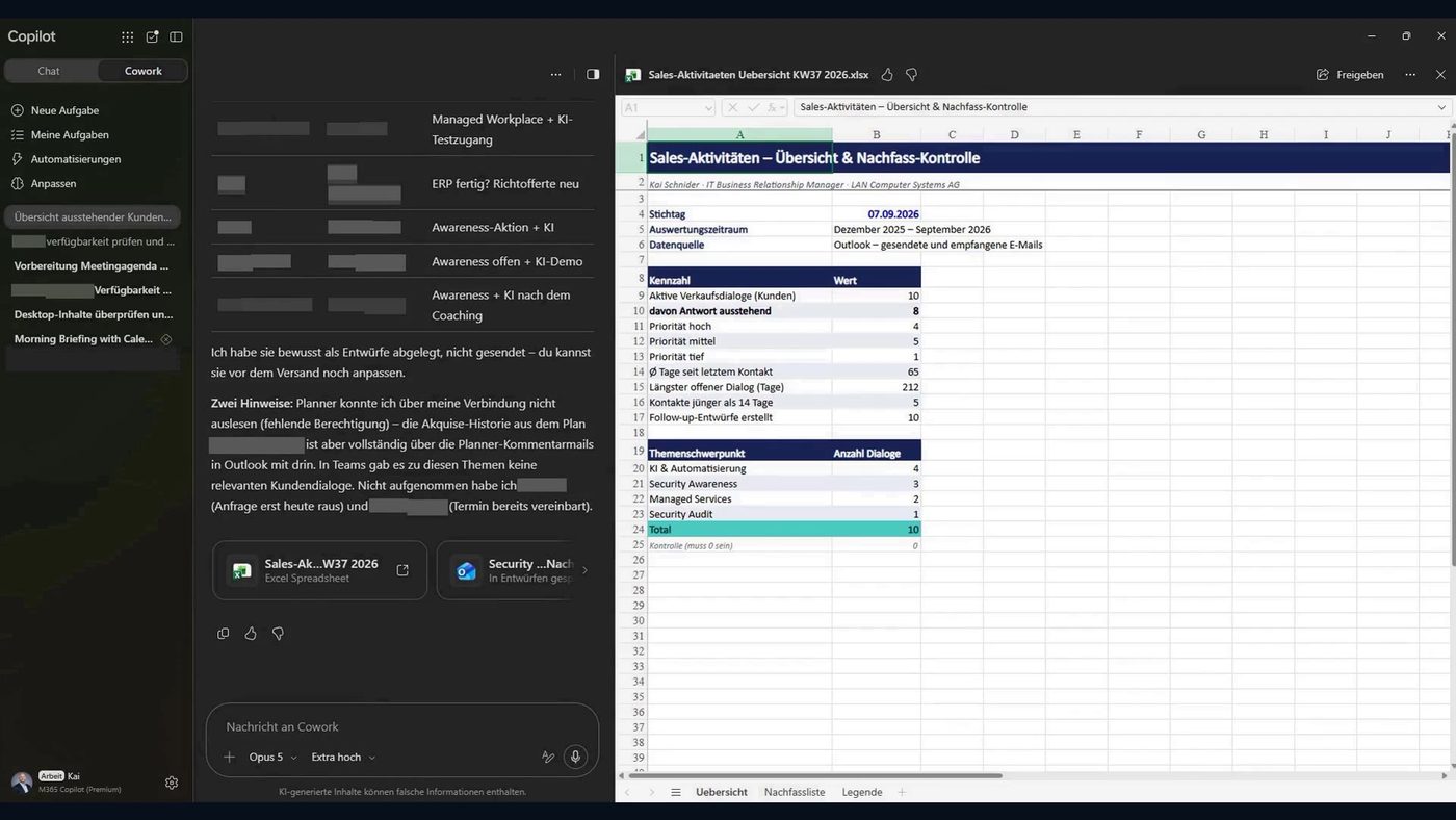 Screenshot einer Excel-Tabelle mit dem Titel Sales-Aktivitäten Übersicht und Nachfass-Kontrolle, mit Kennzahlen wie aktive Verkaufsdialoge und Tagen seit dem letzten Kontakt