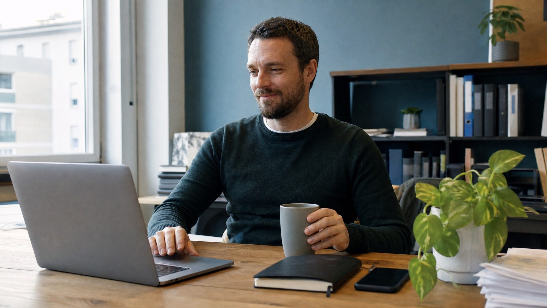 Eine Person mit einer Tasse Kaffee arbeitet entspannt am Laptop in einem hellen Büro